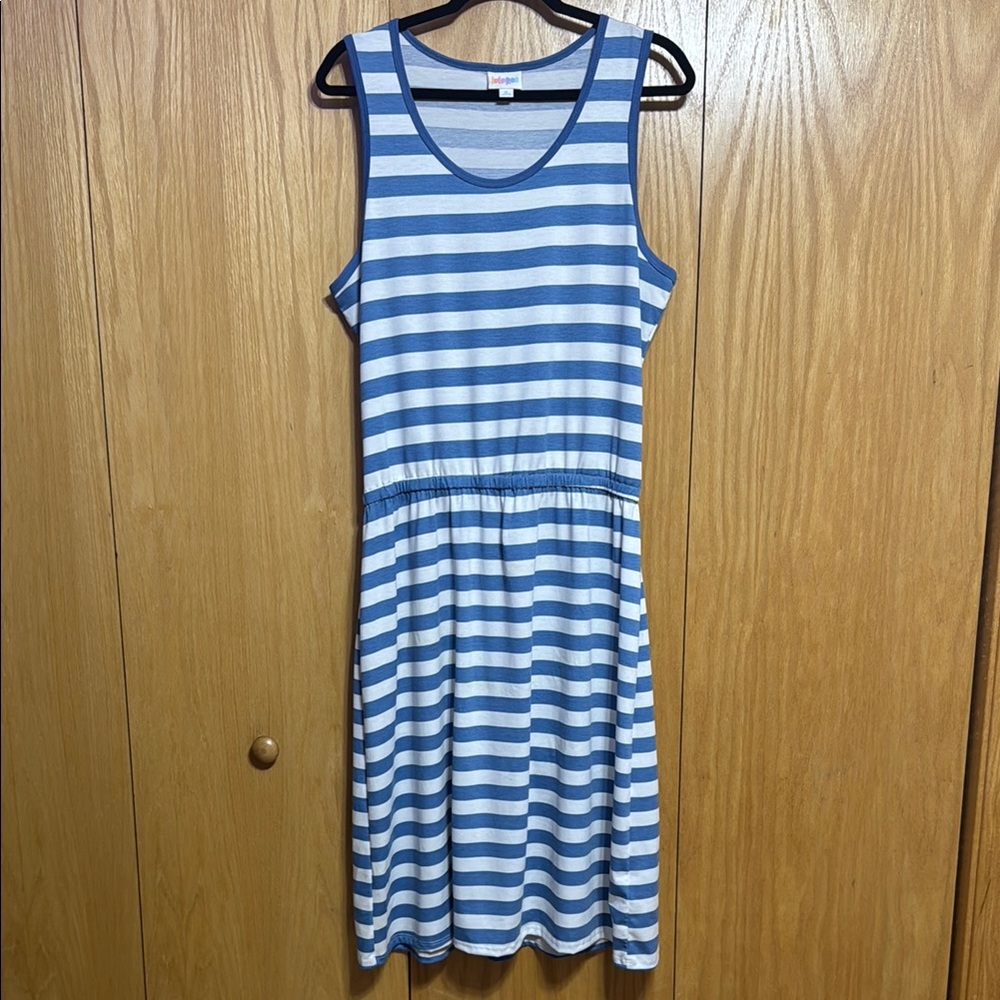 LuLaRoe Blue and White Sleeveless Midi Sundress